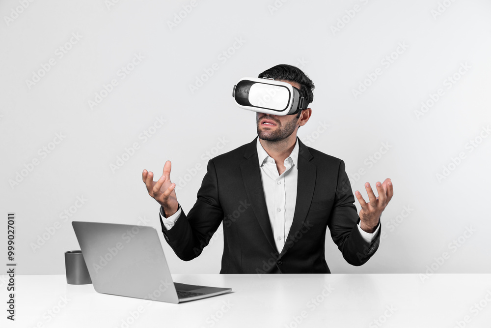 Aufkleber professional project manager looking by using vr goggle while sitting at laptop. skilled business ma
