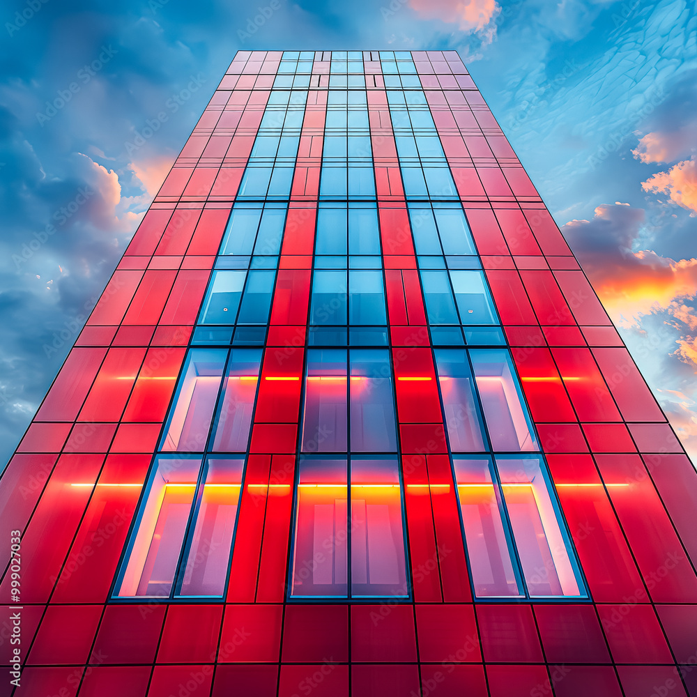 Poster tall red building with a blue stripe on it. the building is lit up with red lights