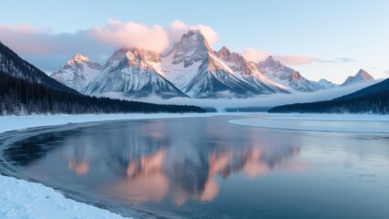 Fototapeta premium Generative AI, a mountain range is reflected in a lake surrounded by snow covered mountains and ice floese covered water, 4k uhd image, a matte painting, superflat 