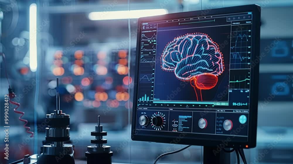 Poster 3d model of a human brain is displayed on a computer screen, surrounded by various charts and data v