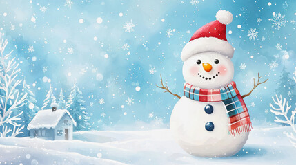 Fototapeta premium cute snowman character in winter landscape with small houses, watercolor style