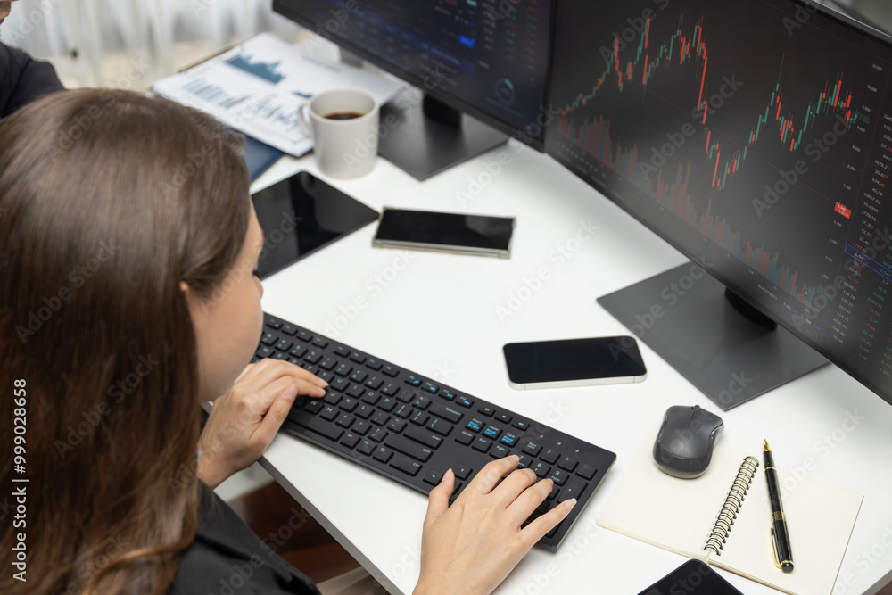 Poster woman business trader typing to search value statistic graph report with coworker, analyzing with dy