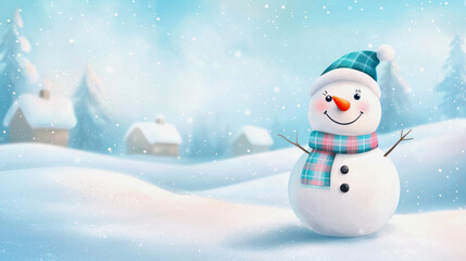 Obraz premium cute snowman character in winter landscape with small houses, watercolor style
