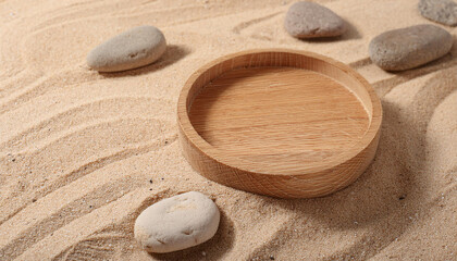 Wooden display podium on beach sand surface, stone decor. Stage for product presentation.