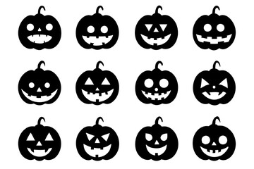 Halloween pumpkin icons set. Vintage funny pumpkins isolated on white background. Monsters faces. Design elements for logo, badges, banners, labels, posters. Vector illustration