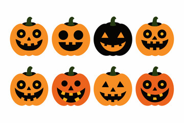 Halloween pumpkin icons set. Vintage funny pumpkins isolated on white background. Monsters faces. Design elements for logo, badges, banners, labels, posters. Vector illustration