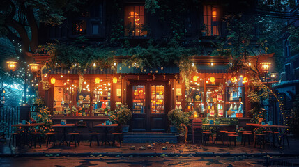 Obraz premium Small town store with a warm, inviting atmosphere. The store is lit up with lights and has a cozy feel to it