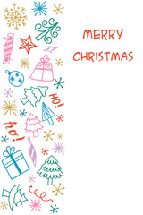 Obraz premium Merry Christmas card with gifts, toys and snowflakes in Doodle style.