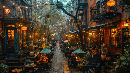 Quiet residential street with houses lining both sides of the road. The street is wet from recent rain, and the cars are parked along the street. The sun is setting in the background