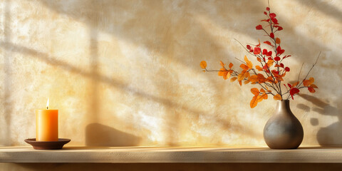 Candle and autumn leaves on textured background