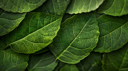 A close-up of lush green leaves, showcasing intricate veins and textures.