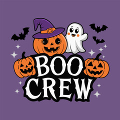 Boo crew Halloween lettering with a cute ghost with his pumpkin friends. Holiday vector design and funny t-shirt print.