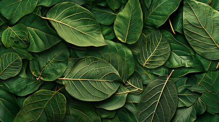 Fototapeta premium Lush green leaves with visible veins create a natural, organic texture.