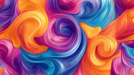 Obraz premium Abstract painting with swirls of blue, orange, pink and purple colors.
