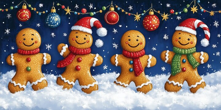 A cheerful Christmas illustration featuring four smiling gingerbread men dressed in colorful scarves and Santa hats, standing in a snowy landscape.