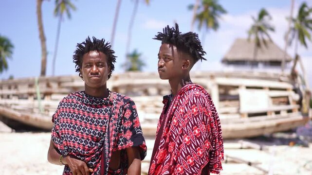 Portrait of Maasai man, traditional outfit, African warrior tribesman on beach. Tropical island beach in Tanzania. tourism destination in Africa. 