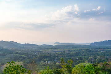 Naklejka premium Panoramic view from the Din Daeng Doi viewpoint. Endless wide valley with hills covered with tropical forests, pointed cliffs.