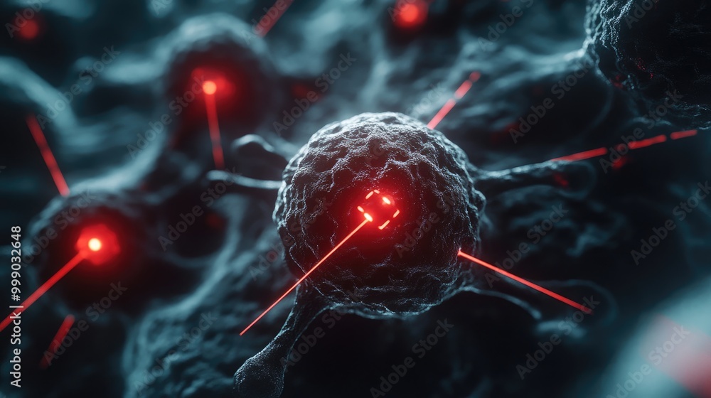 Wall mural a close-up of a cell with red lasers emanating from its core.