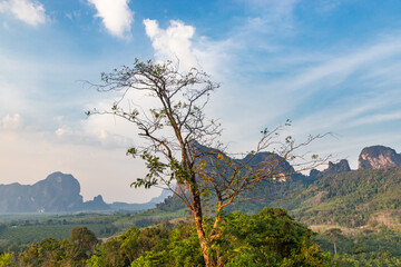 Panoramic view from the Din Daeng Doi viewpoint. Endless wide valley with hills covered with tropical forests, pointed cliffs.