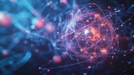 Abstract representation of an atom with glowing particles and trails.