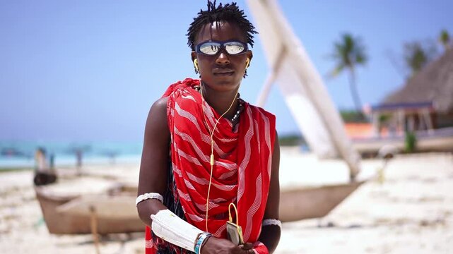 Portrait of Maasai man, traditional outfit, African warrior tribesman on beach. Tropical island beach in Tanzania. tourism destination in Africa. 