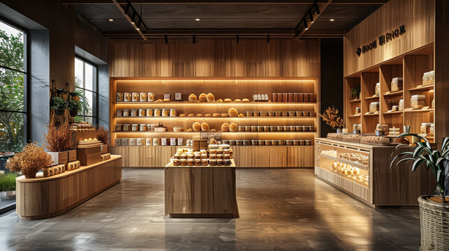 Store with a lot of shelves and a sign that says The Brick. The store is filled with various items, including bread and other baked goods. The atmosphere is warm and inviting
