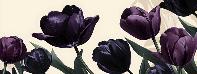 Bouquet of dark purple tulips with green leaves on a pastel beige background. The concept of decorating with flowers. .