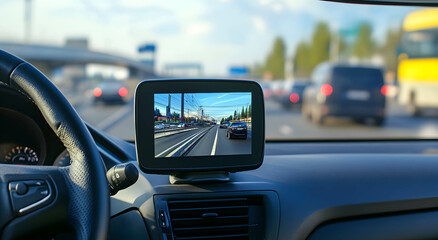 Video recorder screen in the car interior. Recording of traffic situations for driving. Road safety concept.