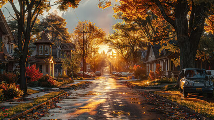 Obraz premium Street with houses and trees in the background. The street is lined with trees and houses, and there are cars parked along the street. The leaves on the trees are changing colors