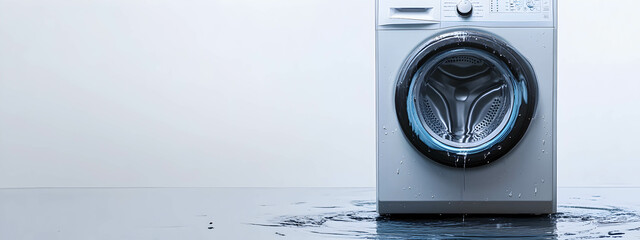 Water leaks from a broken washing machine, on a white background. Broken home appliance concept.