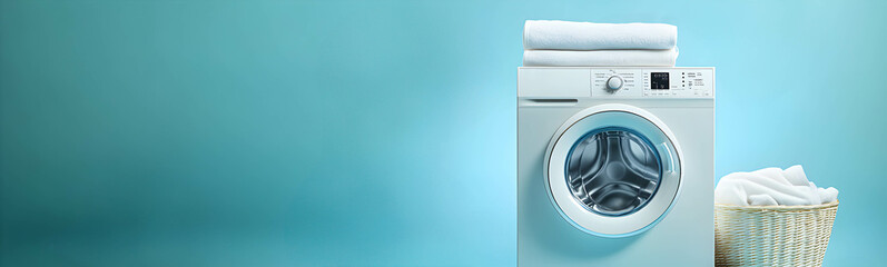 Washing machine on soft blue background, laundry basket on the side of the washing machine, soap bubbles flying in the background. Home laundry concept.