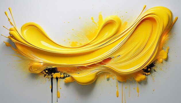 yellow paint creates an abstract shape on a white canvas with a graffiti spray