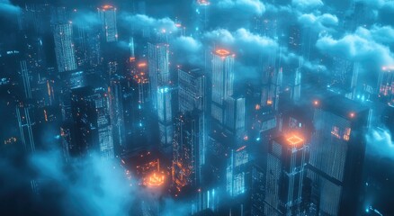 Fototapeta premium A futuristic cityscape with glowing neon lights and clouds, creating a surreal and otherworldly atmosphere.