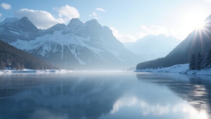Generative AI, 
a mountain range is reflected in a lake surrounded by snow covered mountains and evergreen trees in the foreground, mountains, a matte painting, minimalism