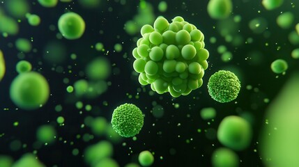 The image showcases vibrant green spherical microorganisms floating in a dark environment, illustrating the microscopic world of bacteria and cells.