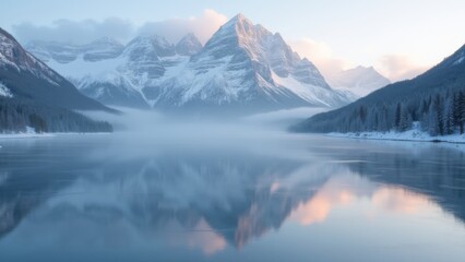 Generative AI, 
a mountain range is reflected in a lake surrounded by snow covered mountains and evergreen trees in the foreground, mountains, a matte painting, minimalism