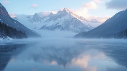 Generative AI, 
a mountain range is reflected in a lake surrounded by snow covered mountains and evergreen trees in the foreground, mountains, a matte painting, minimalism