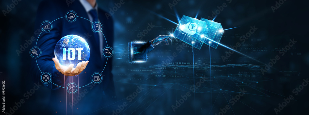 Poster iot: businessman hand hold and robot touching on iot technology on virtual interface. connectivity, 