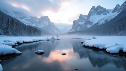 Generative AI, 
a mountain range is reflected in a lake surrounded by snow covered mountains and evergreen trees in the foreground, mountains, a matte painting, minimalism