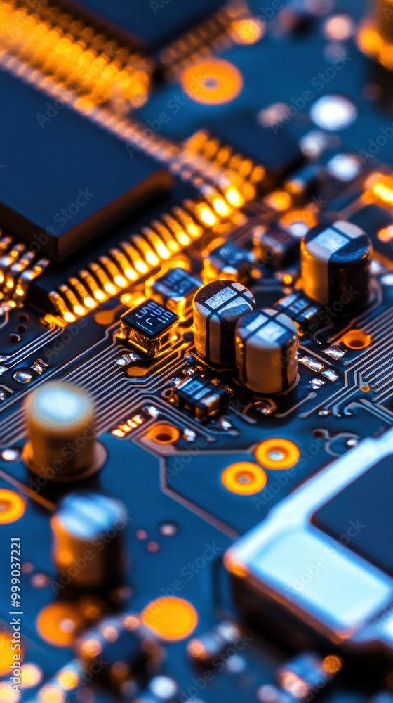 Poster advanced blue circuit board close-up. detailed macro shot of modern electronics and circuitry.