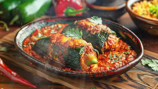 Chiles Rellenos on the table moves with smoke around
