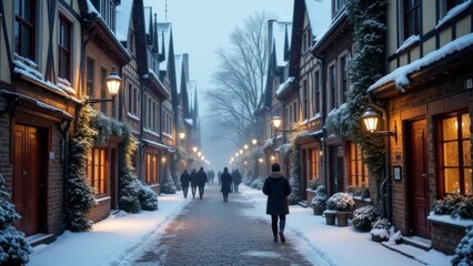 Naklejka premium Generative AI, a couple of people walking down a snow covered street next to buildings with lights on them and a clock on the side of the building, magical atmosphere, a matte painting, arts and craf 
