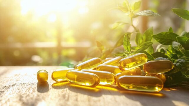 Seamless close up shot of yellow capsules or vitamin D3, Omega 3, 6 with green leaves next to beautiful sun rays in the background outside the window, health and medicine, dietary supplements
