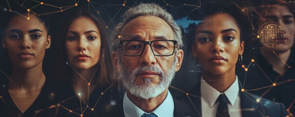 Composite image of a diverse business team with a digital world map overlay.