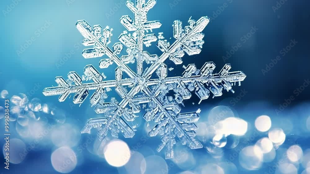 Poster macro snowflake is glistening on a blue background with sparkling bokeh, evoking the magic and wonde