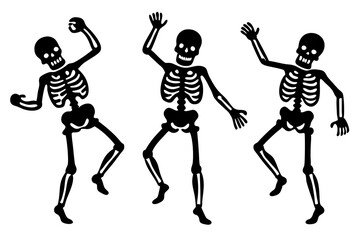 Skeletons dancing with different positions flat style design vector illustration set. Funny dancing Halloween or Day of the dead skeletons collection. Creepy, scary human bones characters silhouettes.