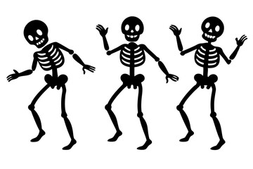 Skeletons dancing with different positions flat style design vector illustration set. Funny dancing Halloween or Day of the dead skeletons collection. Creepy, scary human bones characters silhouettes.