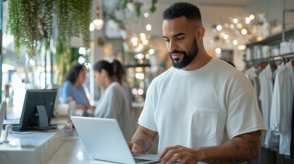 candid scene of a professional Latin worker using a laptop to manage operations inside a dry cleaning store, with customers and staff interacting in the background, highlighting th
