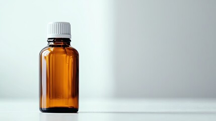 Brown glass bottle with a white cap on a minimalistic background.