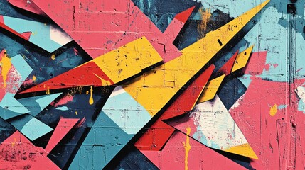 Naklejka premium Abstract Geometric Graffiti on Brick Wall with Red, Yellow, Blue, and Black Paint